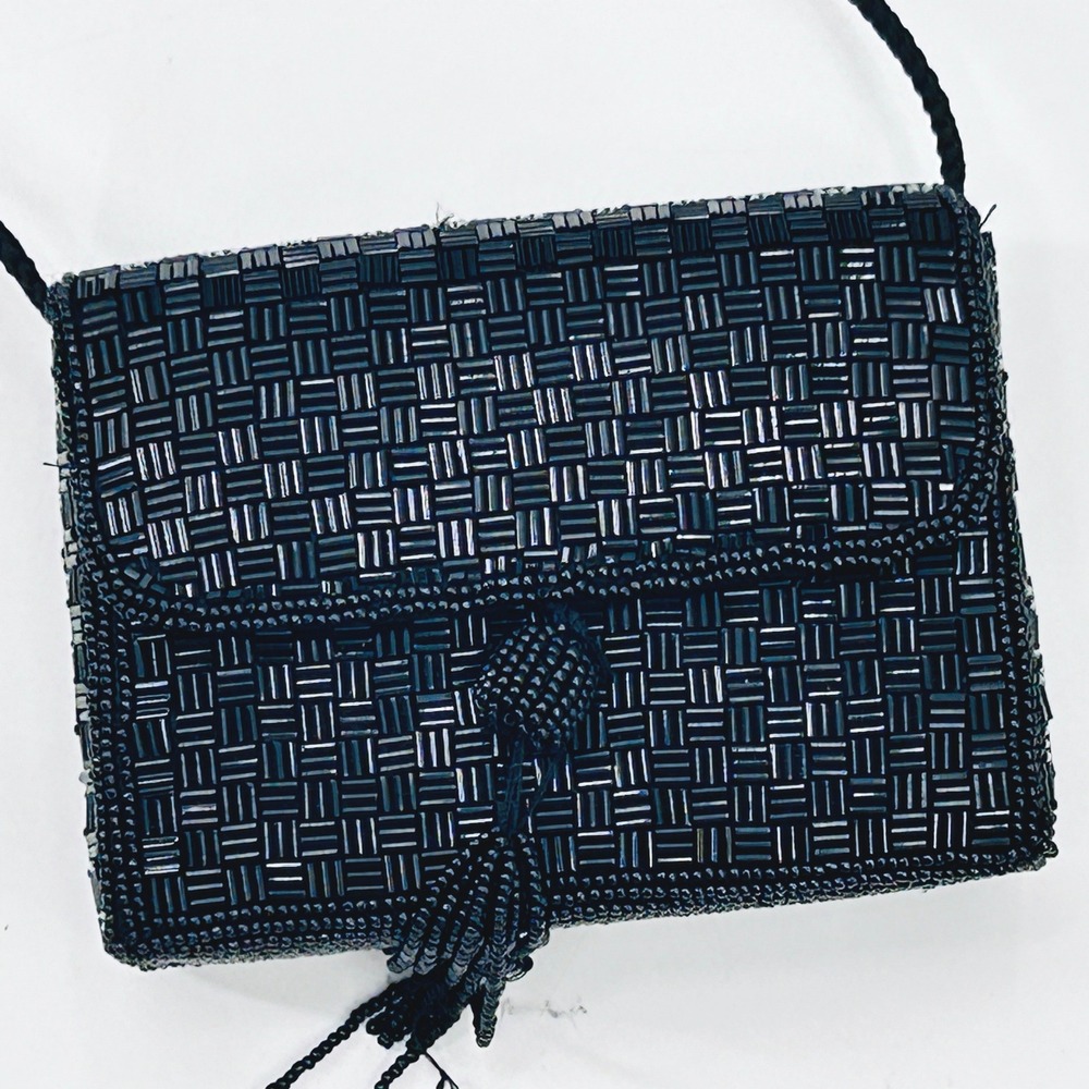 Black Beaded Mini Crossbody Evening Bag Tassel Basketweave Pattern Vintage